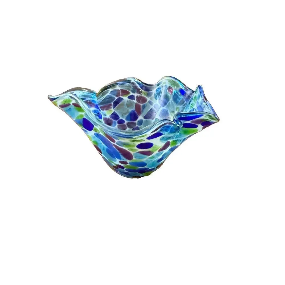 Glass Eye Studio Wave Bowl Bluebonnet Ruffled Hand Blown Art Glass Spatter 6
